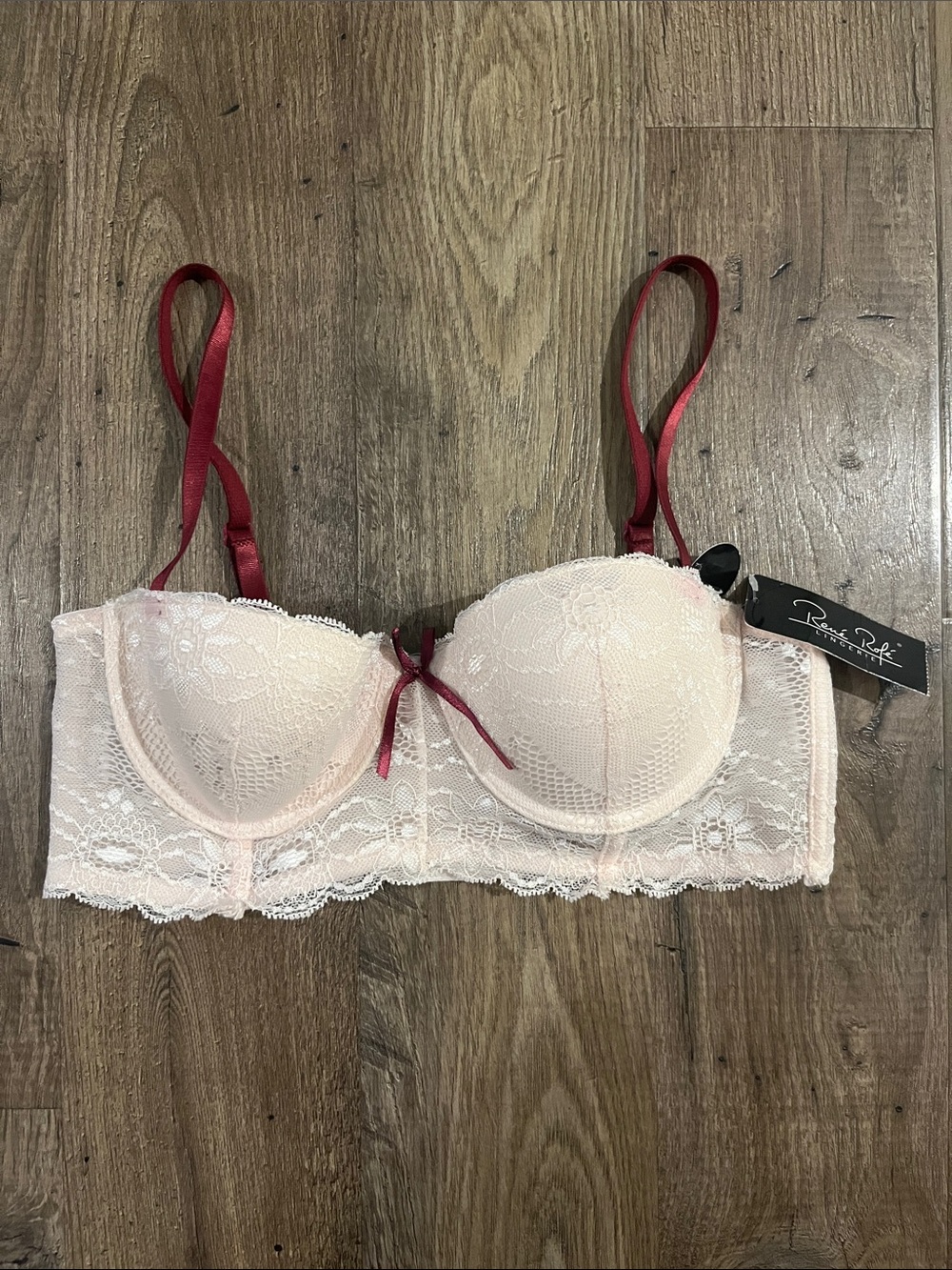 Rene Rofe Blush Lace Longline Bra with Wine Contrast Straps